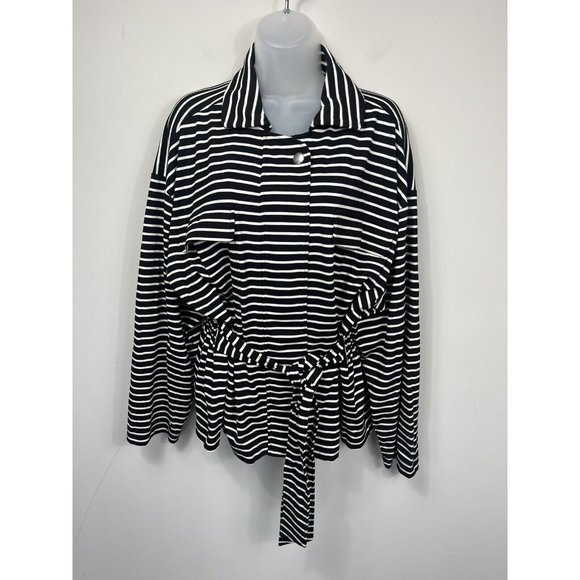 Chicos Sweatshirt Jacket Womens Size 2 Black White Stripe Zip Up Belt Collar L - Picture 1 of 10